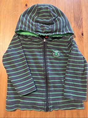 Kids Hooded Zip-Up Top - Navy with Green Stripes